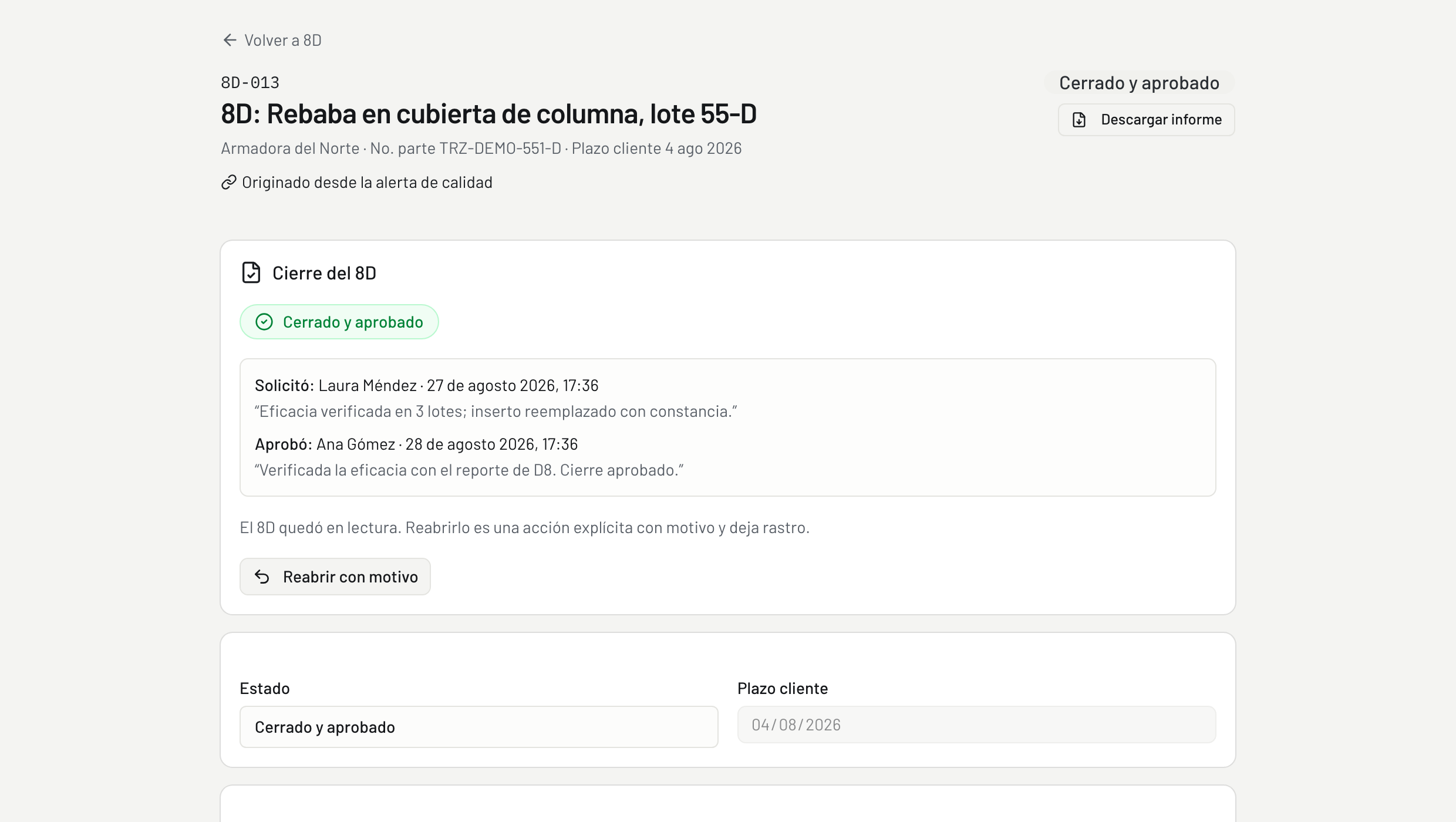 Cierre de un 8D con las personas responsables de solicitar y aprobar